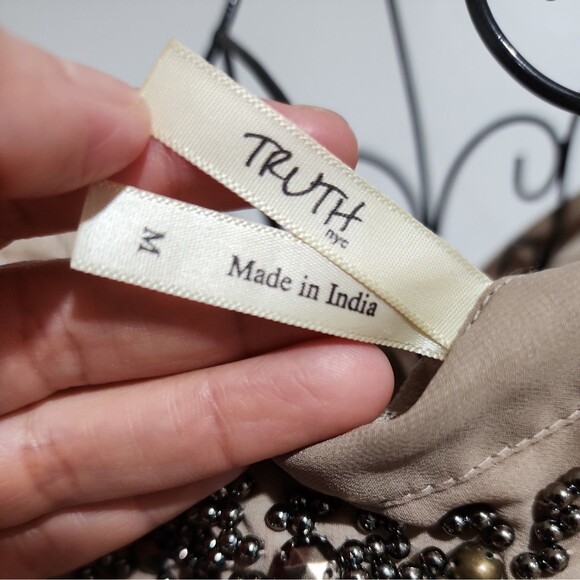 TRUTH NYC Top Womens Medium Brown Sheer Blouse 3/4 Sleeve Embroidered Open Back - Picture 3 of 14